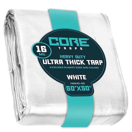 Core Tarps Heavy Duty Tarp, 50 ft L x 0.5 mm H x 50 ft W, 16 Mil, White, Polyethylene CT-304-50X50